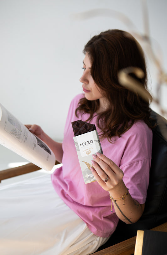 Three MYZO chocolate bars — 48% Milk, 70% Dark, Raspberry Dark — single-origin Matina cacao