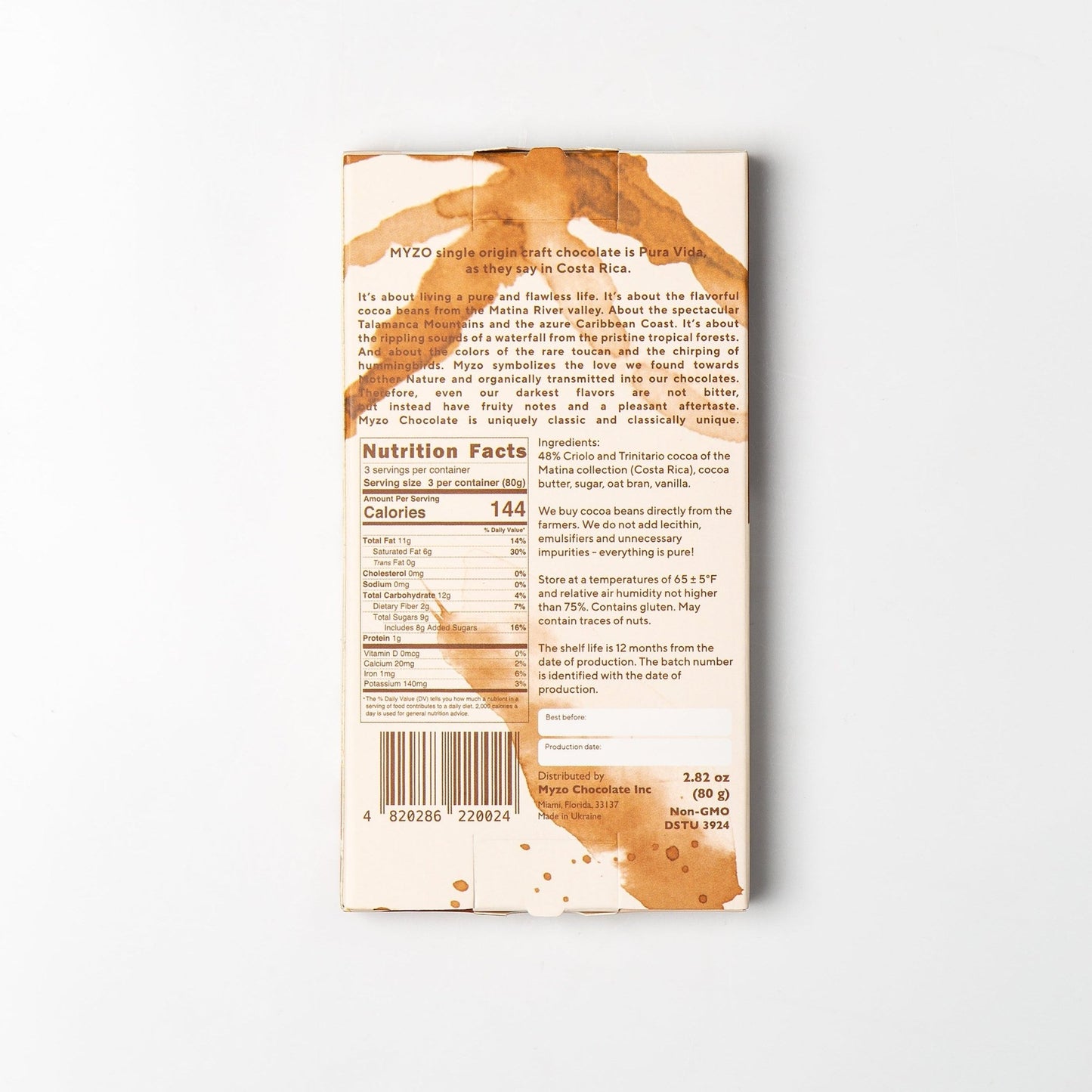 MYZO Oat Milk Chocolate ingredients: cacao mass, cocoa butter, organic oat flour, organic sugar, Madagascar vanilla — dairy-free
