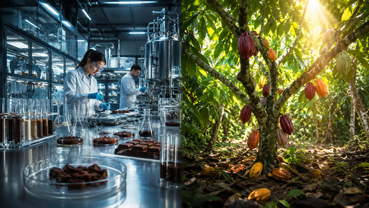 Image of lab-made chocolate vs a natural cocoa tree
