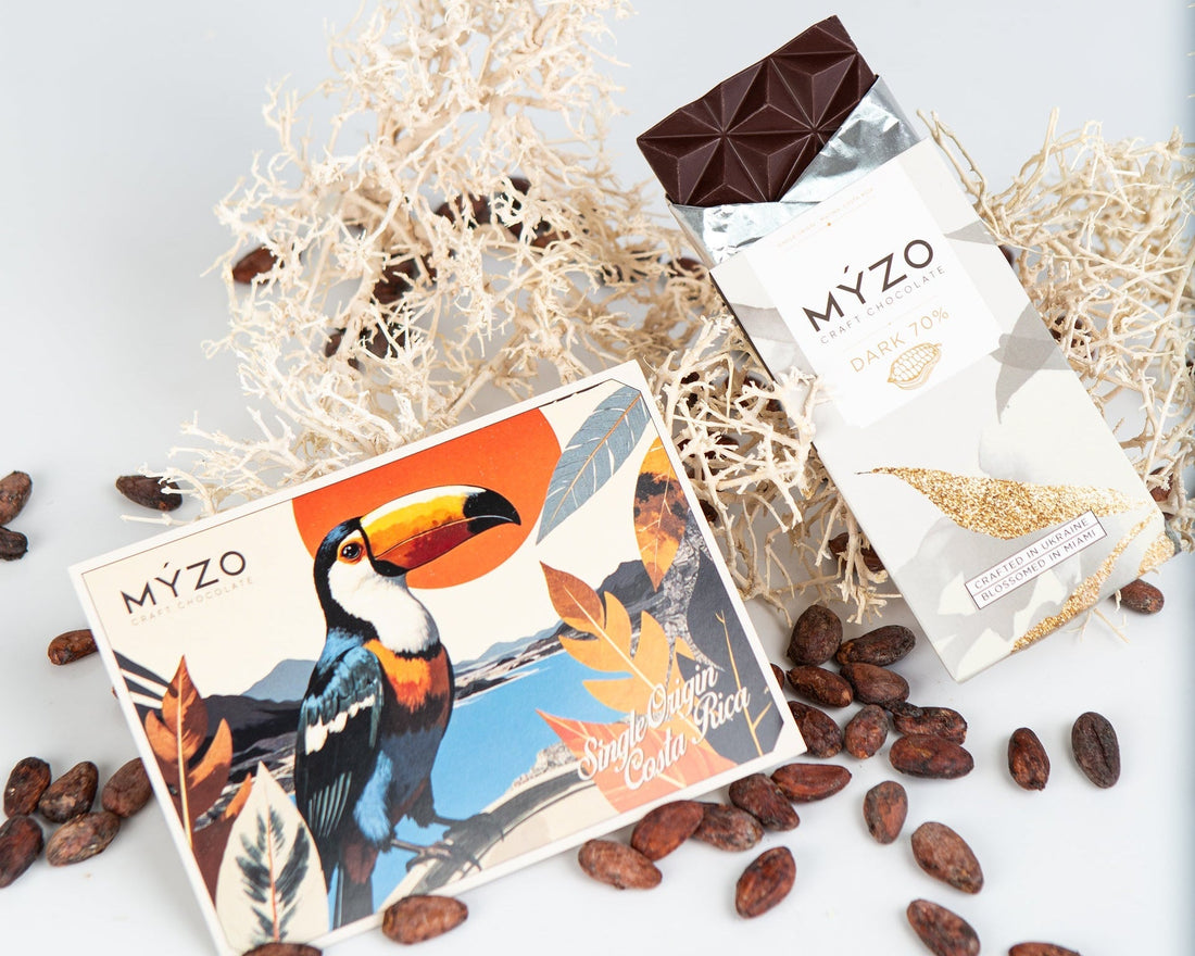 Myzo Dark Chocolate, cocoa beans and a postcard
