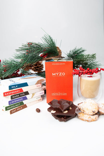 Close-up of MYZO Bean-to-Bar Gift Box packaging with branded craft chocolate label