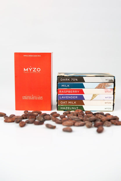 MYZO 6-Bar Chocolate Gift Box opened to reveal six bean-to-bar chocolate bars from Costa Rica