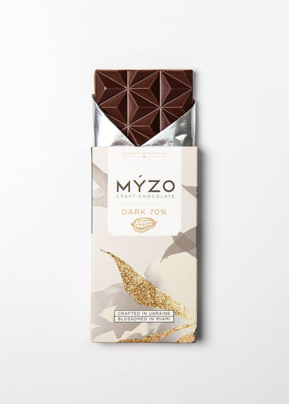 MYZO 70% Dark Chocolate bar unwrapped showing single-origin Costa Rican Matina cacao