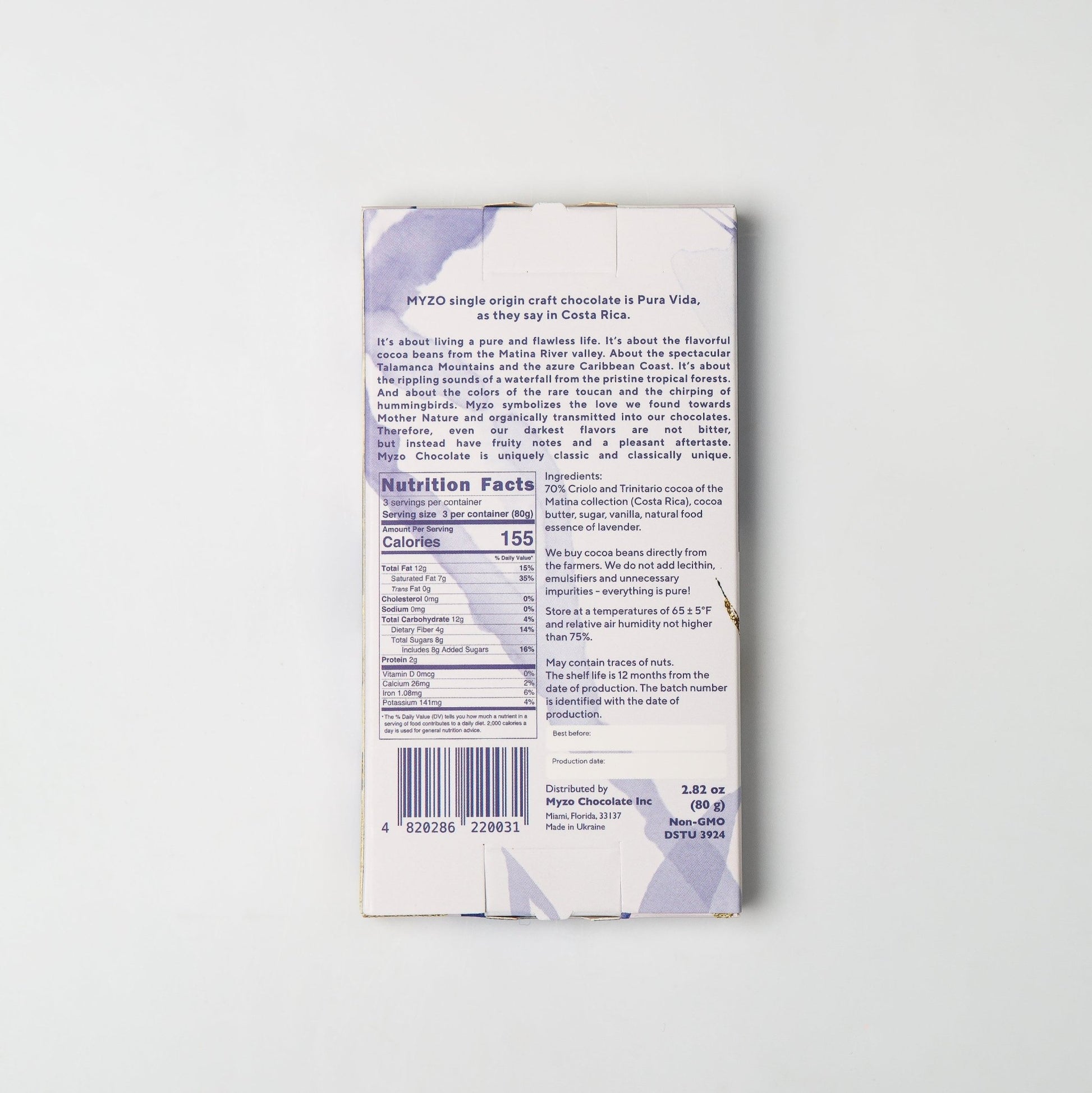 MYZO Lavender Dark Chocolate ingredients: cacao mass, cocoa butter, organic sugar, Madagascar vanilla, natural lavender essence