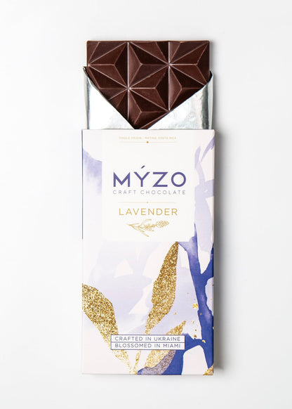 MYZO 70% Lavender Dark Chocolate bar unwrapped — floral single-origin Costa Rican cacao