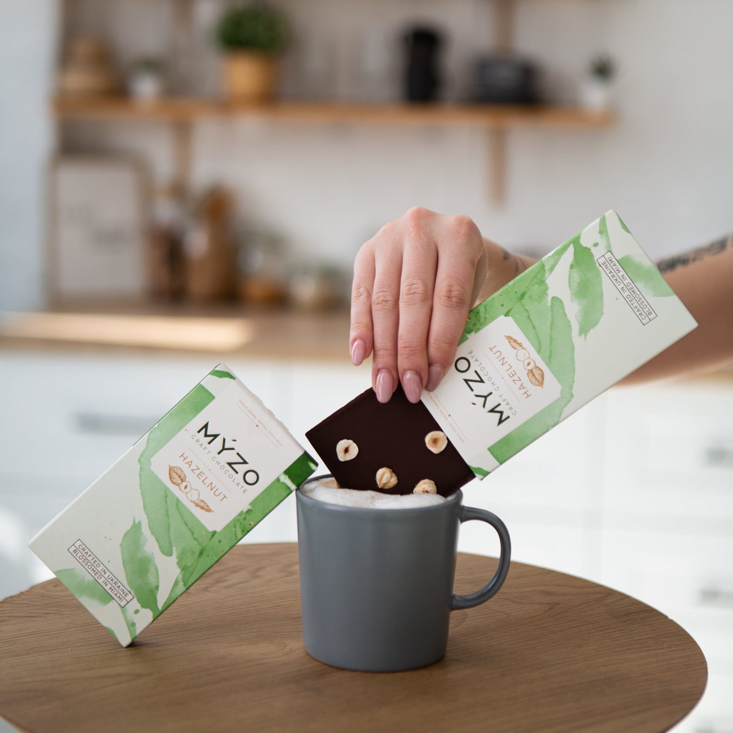Myzo Hazelnut Chocolate dipped into coffee