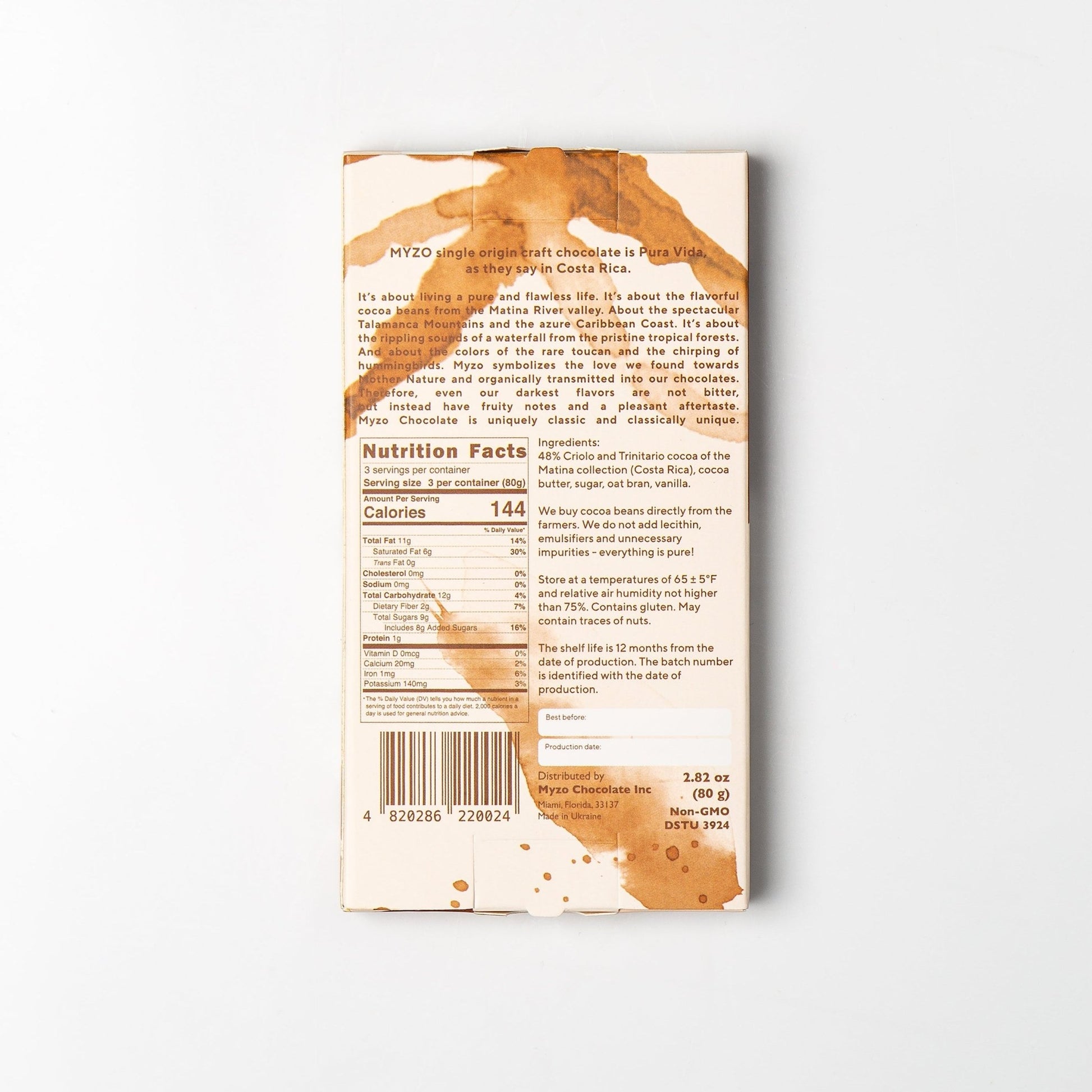 MYZO Oat Milk Chocolate ingredients: cacao mass, cocoa butter, organic oat flour, organic sugar, Madagascar vanilla — dairy-free