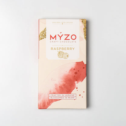 MYZO raspberry dark chocolate bar with tangy raspberry pieces and 70% cacao